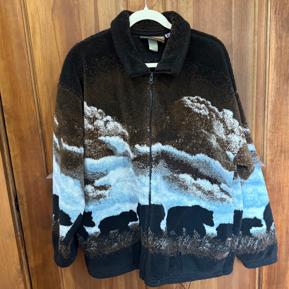 Cobblestone Canyon Vintage Bear Mountain Fleece Jacket Black Brown Blue USA Made
